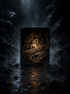 The Kraken RELIC candle artefact in matte black engraved glass with dark oceanic glow and abyssal atmosphere