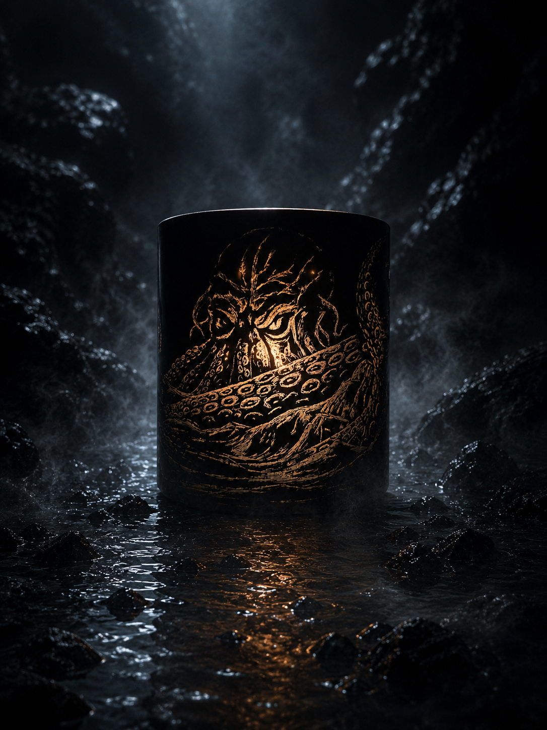The Kraken RELIC candle artefact in matte black engraved glass with dark oceanic glow and abyssal atmosphere