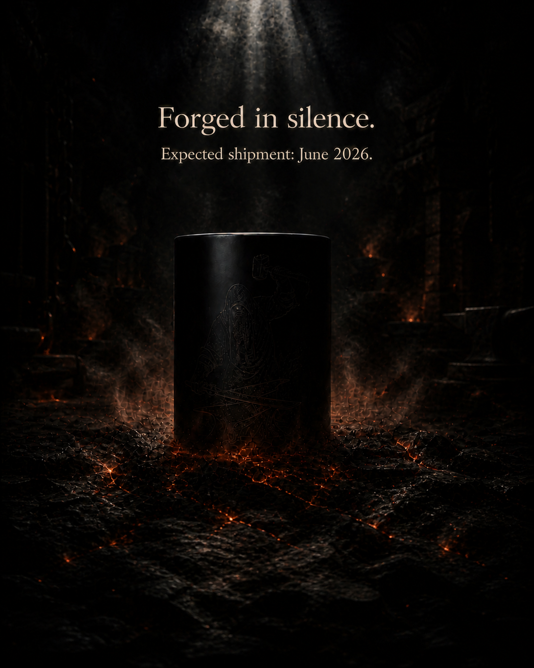The Blacksmith RELIC candle artefact - forge atmosphere, matte black engraved glass vessel