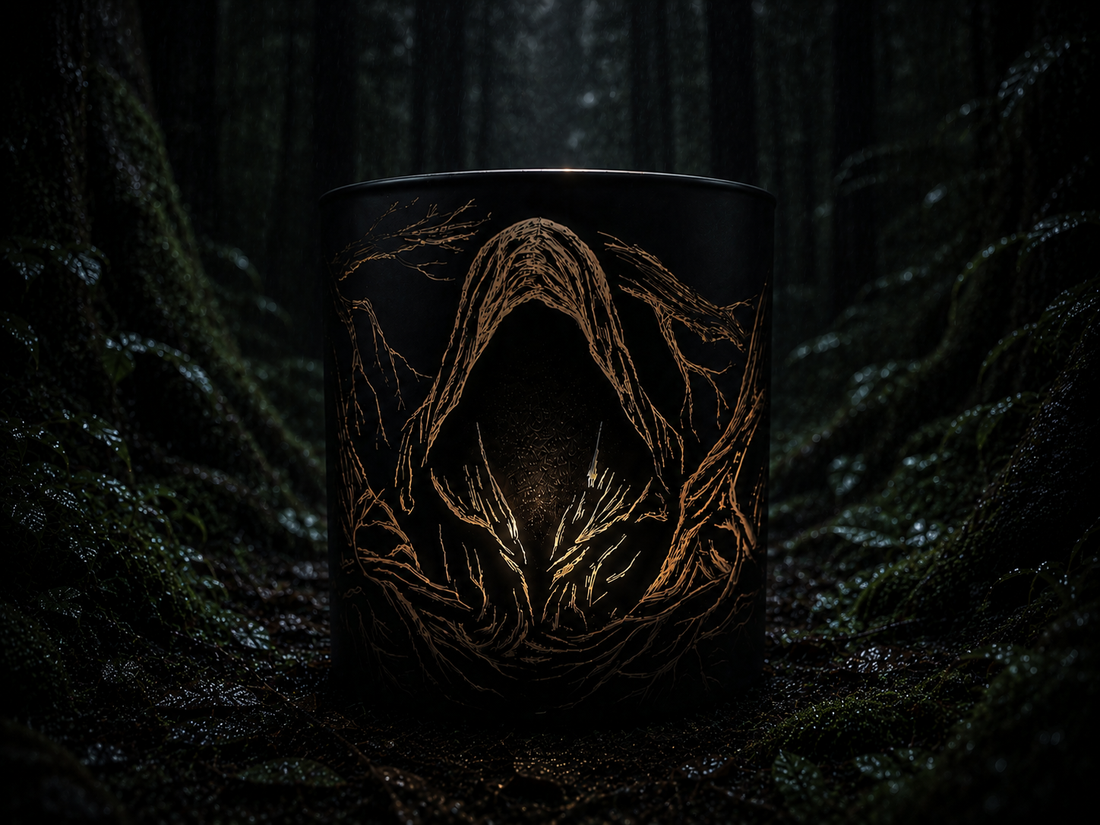 The Druid RELIC candle artefact - ancient earth atmosphere, matte black engraved glass vessel
