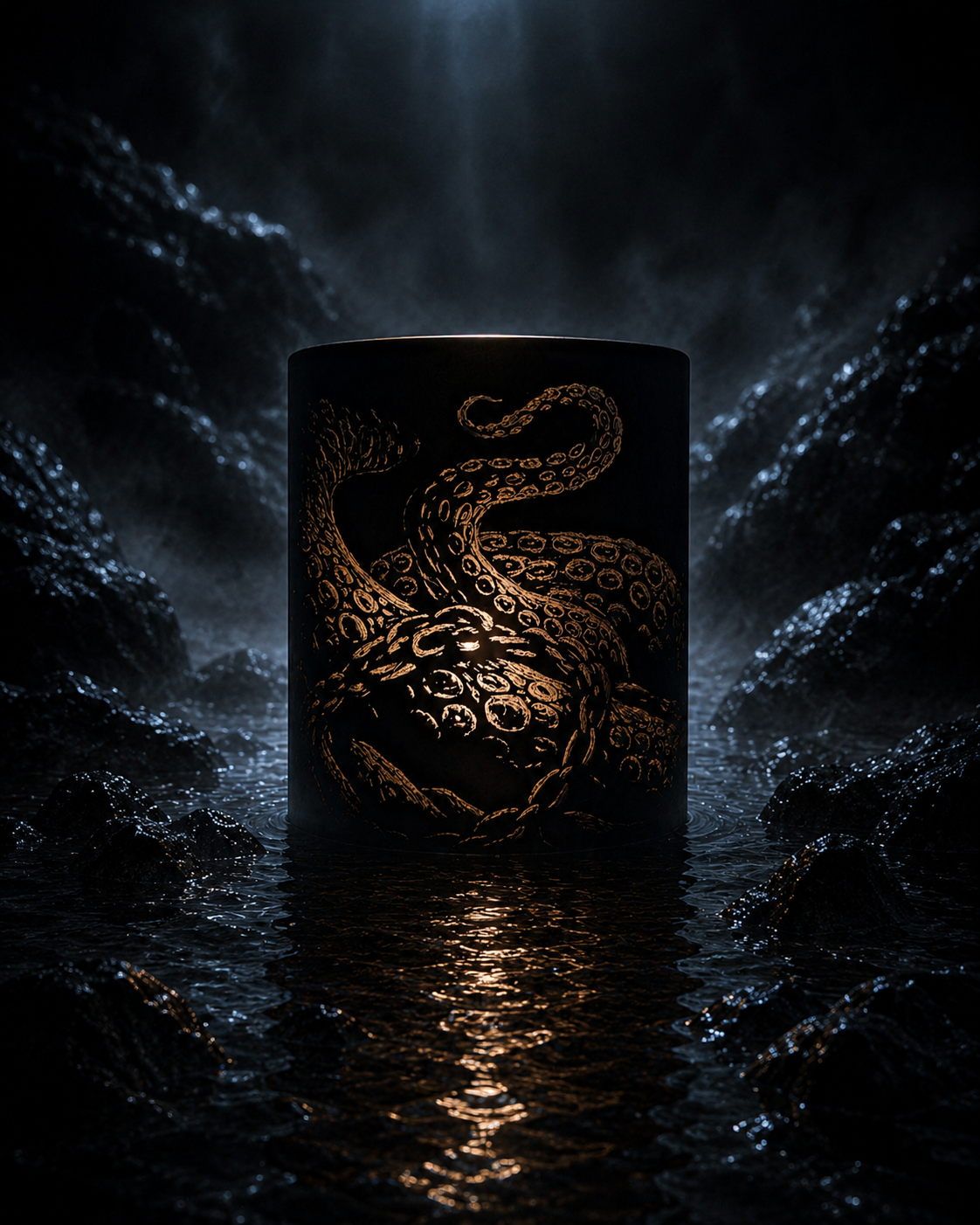 The Kraken RELIC candle artefact in matzwart gegraveerd glas met donkere oceaangloed en abyssale sfeer