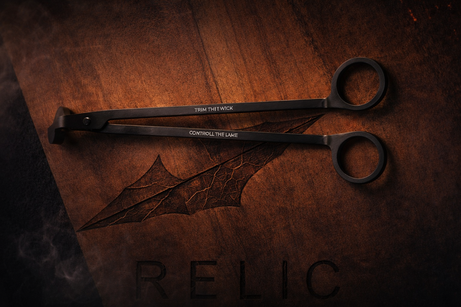 The Umbra matte black wick cutter candle care ritual tool by RELIC